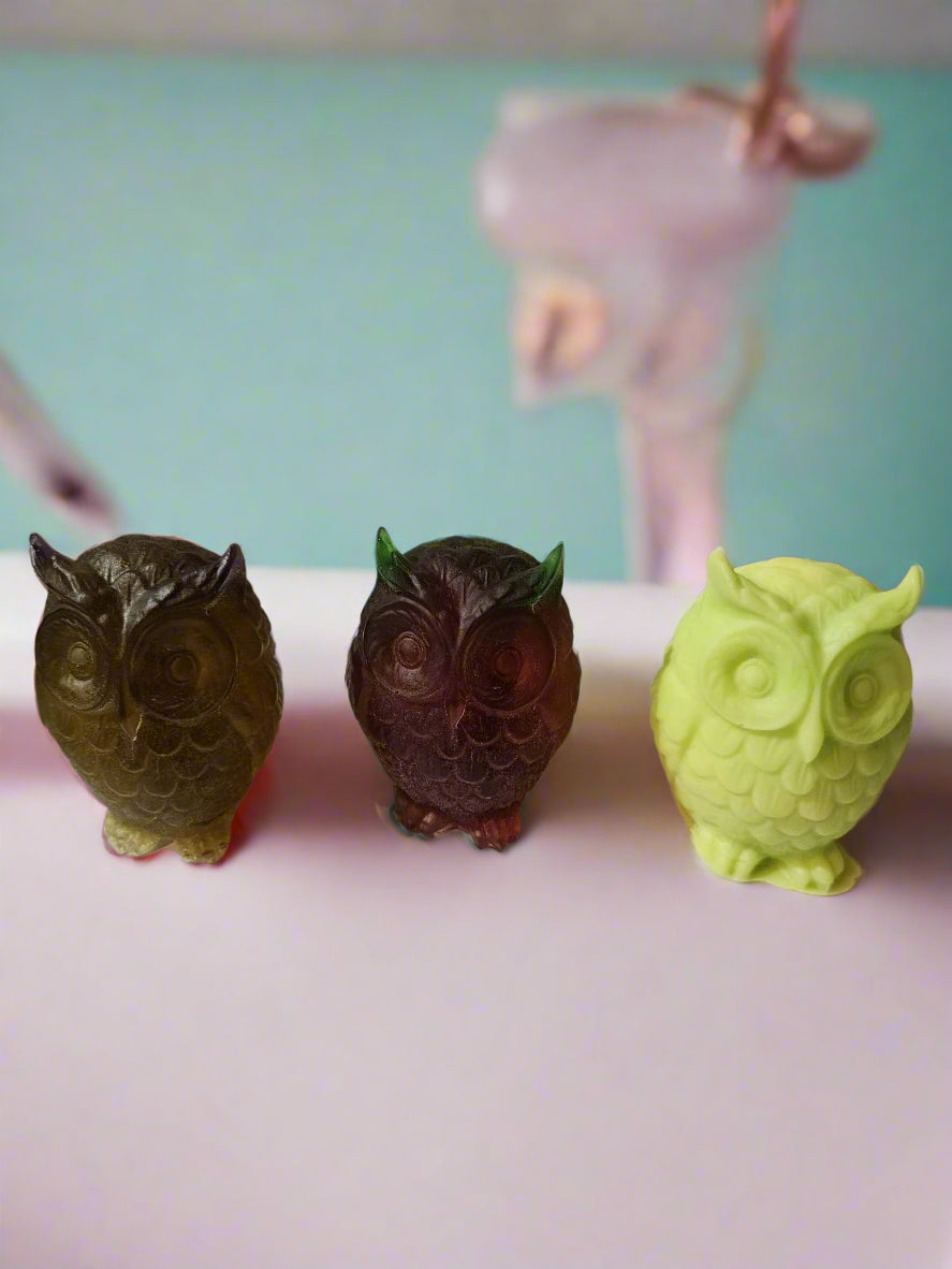 Three owl-shaped Soaps in different colours on a plain background