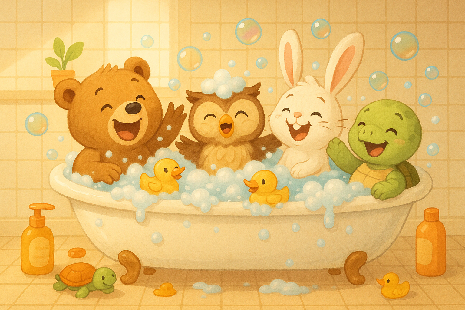 a personified bear, owl, bunny and turtle all having fun in the bath together