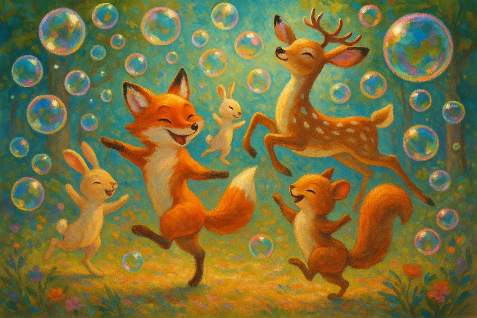 painting of animals dancing with bubbles